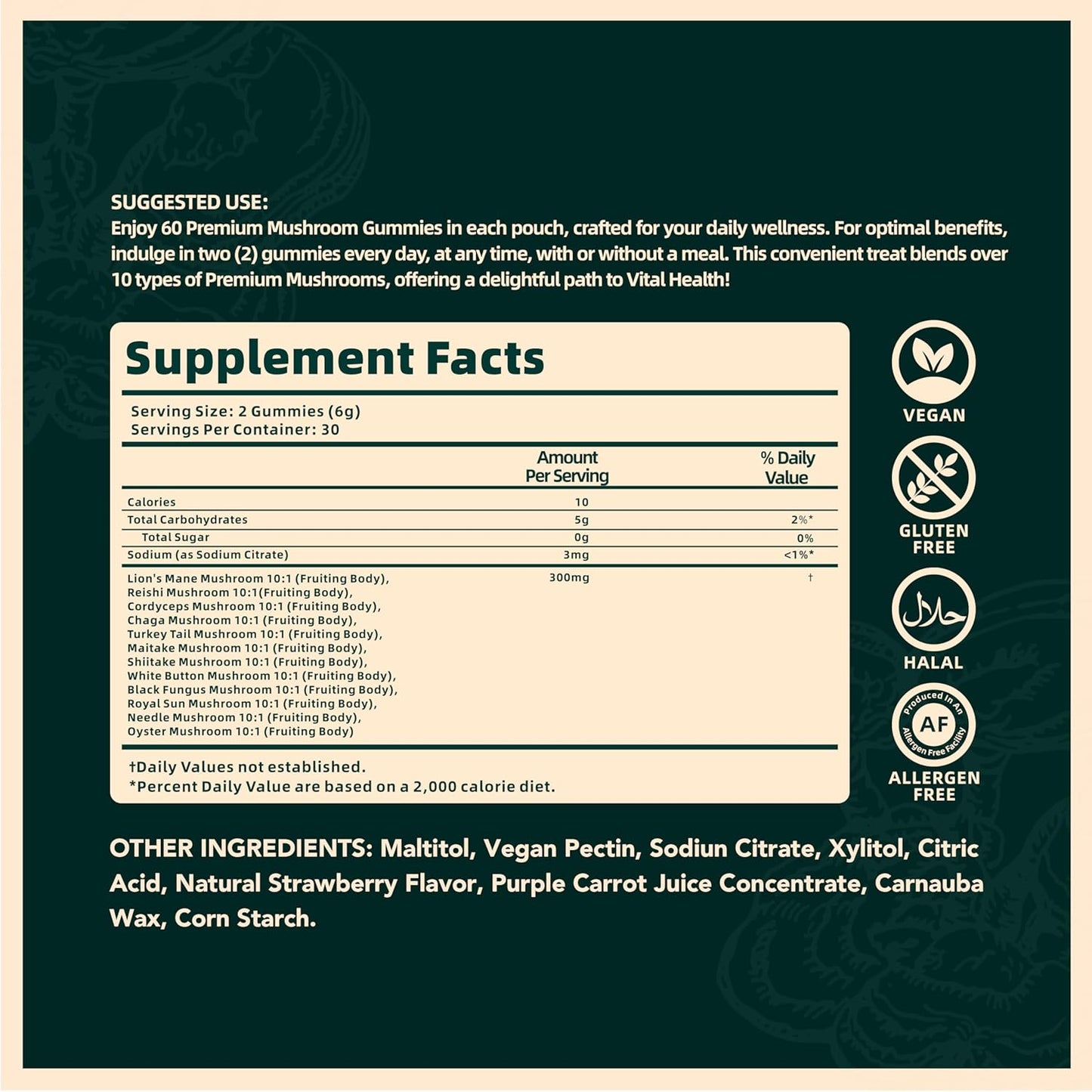 Premium Mushroom Gummies for Vitality, Digestion, and Energy Support - 10 Types of Mushrooms - Vegan, Gluten-Free, Halal - Wild Strawberry - 60 Gummies