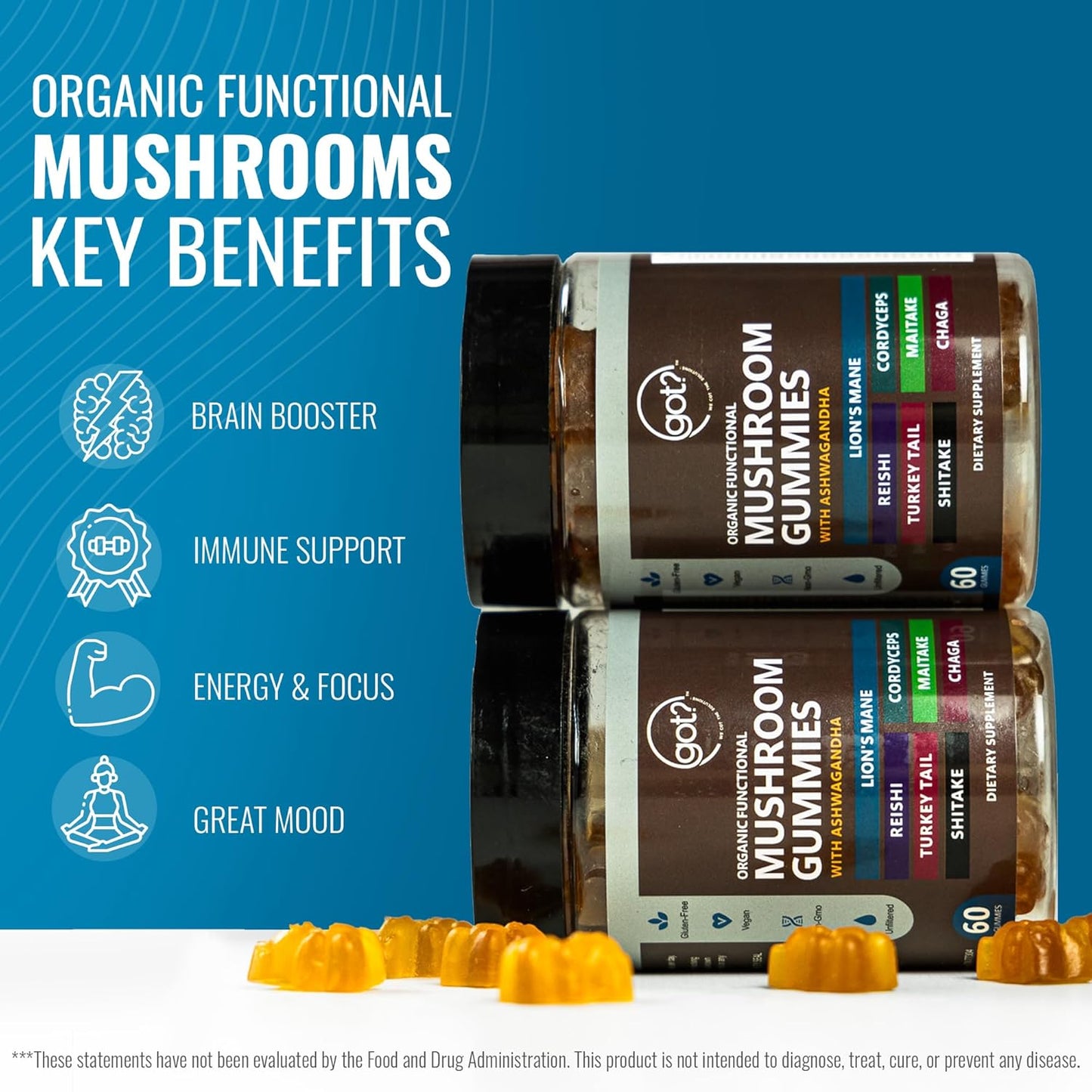 Premium Mushroom Gummies with Ashwagandha - Daily Supplement for Energy, Focus, Memory, and Immune Support - 60ct