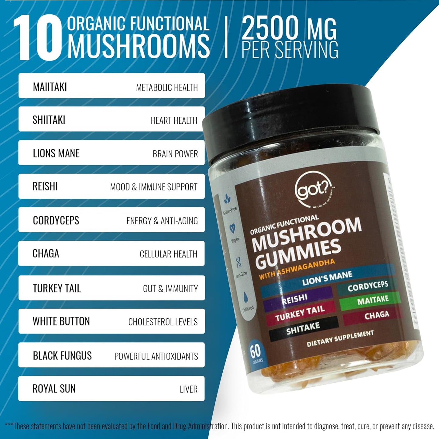 Premium Mushroom Gummies with Ashwagandha - Daily Supplement for Energy, Focus, Memory, and Immune Support - 60ct