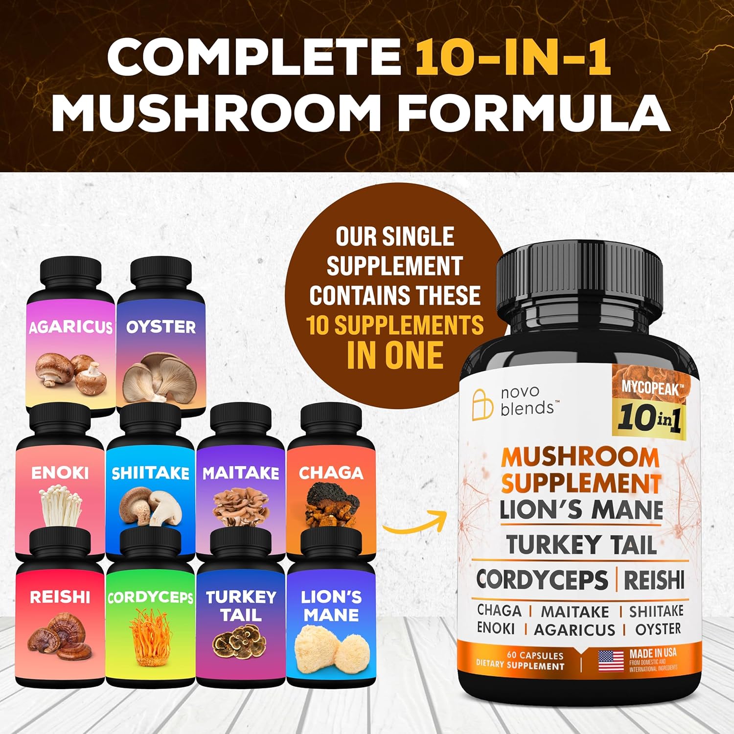 Premium Mushroom Supplement 10x Complex - Lions Mane, Turkey Tail, Cordyceps, Reishi, Chaga, Maitake, Shiitake, Oyster Extract - Brain Support Nootropic for Memory and Focus