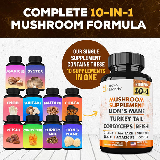 Premium Mushroom Supplement 10x Complex - Lions Mane, Turkey Tail, Cordyceps, Reishi, Chaga, Maitake, Shiitake, Oyster Extract - Brain Support Nootropic for Memory and Focus