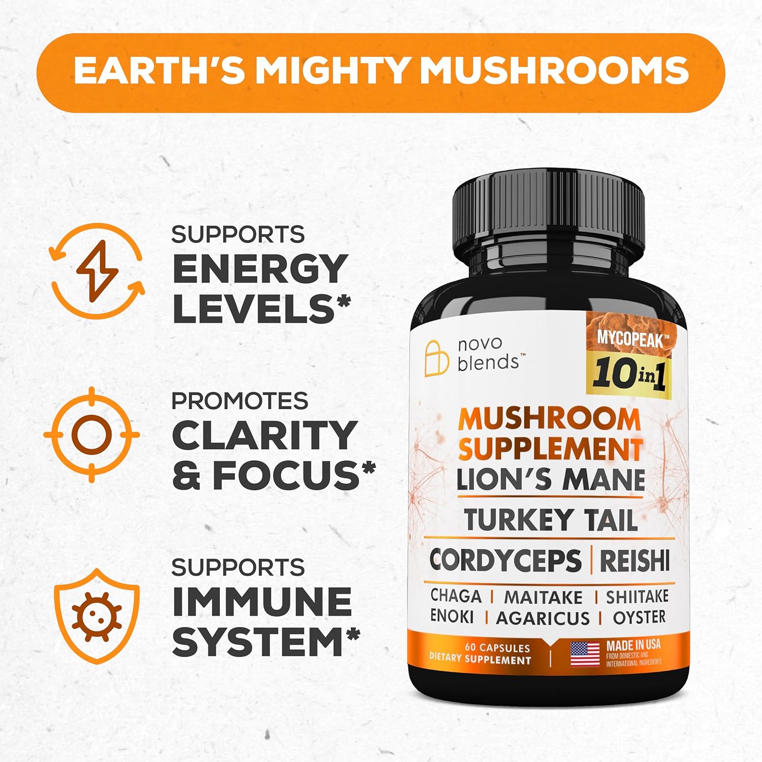 Premium Mushroom Supplement 10x Complex - Lions Mane, Turkey Tail, Cordyceps, Reishi, Chaga, Maitake, Shiitake, Oyster Extract - Brain Support Nootropic for Memory and Focus