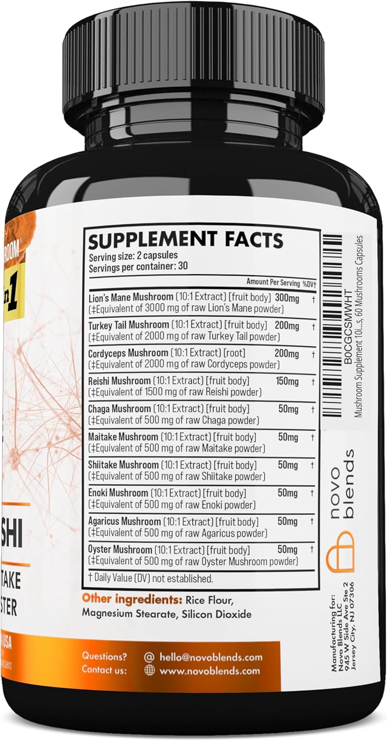 Premium Mushroom Supplement 10x Complex - Lions Mane, Turkey Tail, Cordyceps, Reishi, Chaga, Maitake, Shiitake, Oyster Extract - Brain Support Nootropic for Memory and Focus