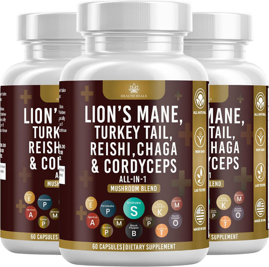 Premium Mushroom Supplement Blend with Lion's Mane, Turkey Tail, Reishi, Cordyceps, Chaga, and Marshmallow Root - 180 Capsules