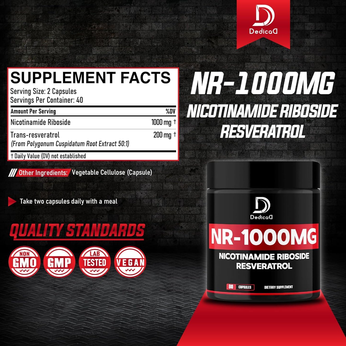 Premium NAD Supplement with Nicotinamide Riboside and Trans Resveratrol - 1000mg NR for Men & Women - 80 Capsules