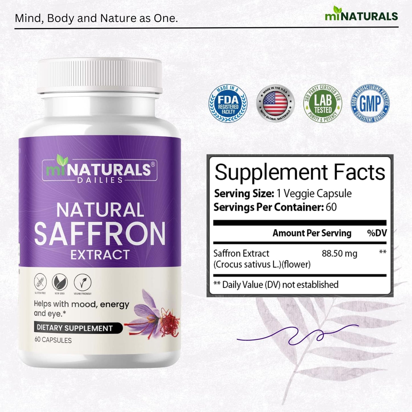 Premium Natural Saffron Supplements for Mood, Eye Support, and Energy - 60 Capsules - Made in USA - 88.50mg Extract - Pastillas de Azafran