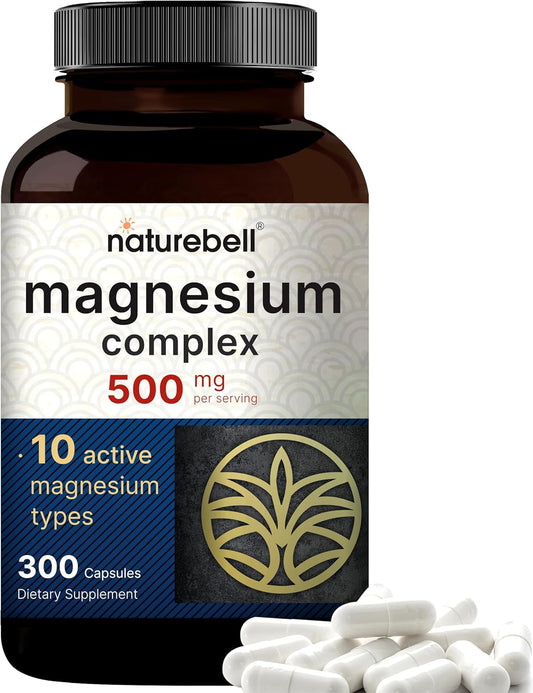 Premium NatureBell Magnesium Complex 500mg Supplement, 300 Capsules - 10 Active Forms for Bone, Heart, & Muscle Support - Non-GMO & Chelated