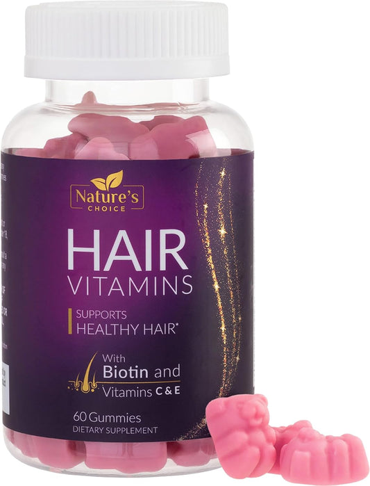 Premium Nature's Choice Biotin Gummies 5000 mcg for Hair Growth & Skin - 60 Vegetarian Gummy Bears with Vitamin E & C, Non-GMO Hair Vitamins Supplement