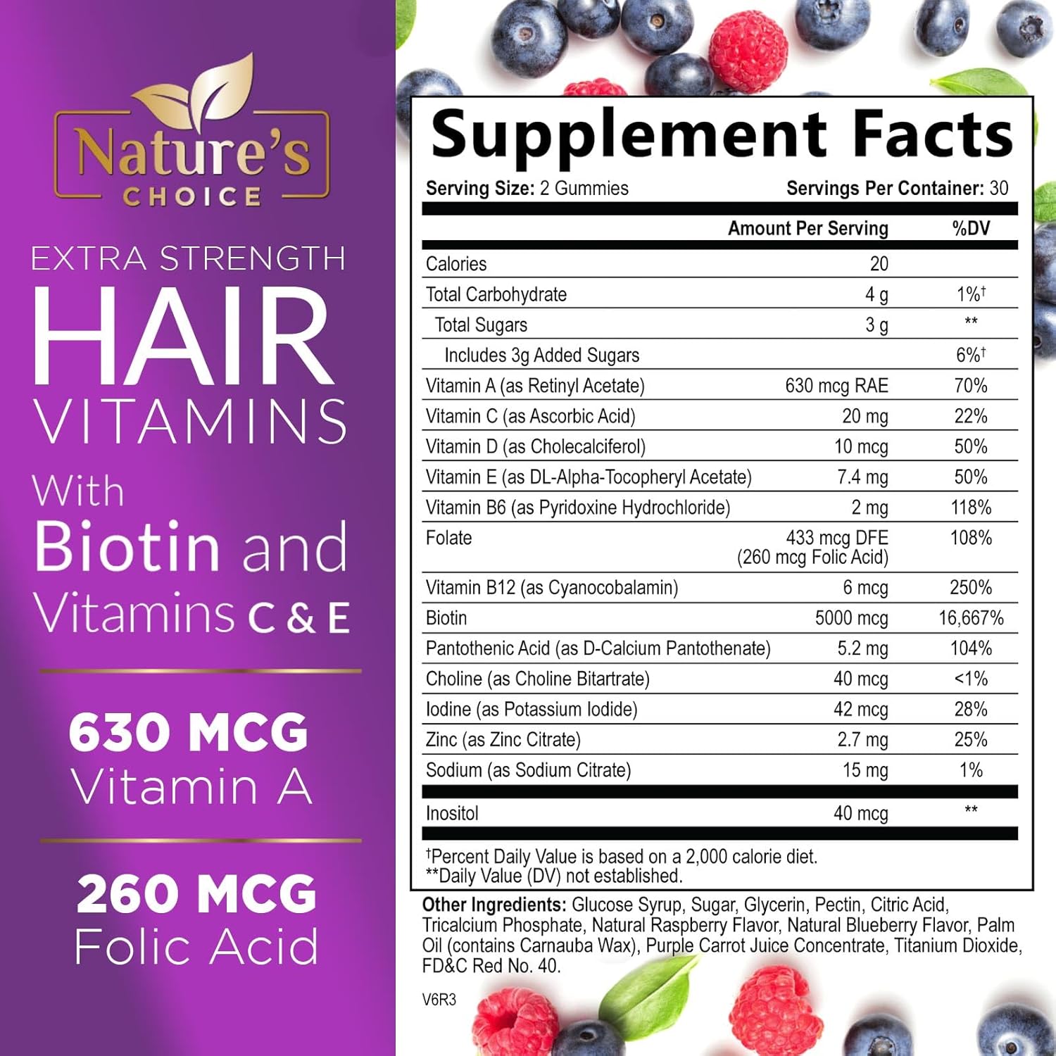 Premium Nature's Choice Biotin Gummies 5000 mcg for Hair Growth & Skin - 60 Vegetarian Gummy Bears with Vitamin E & C, Non-GMO Hair Vitamins Supplement