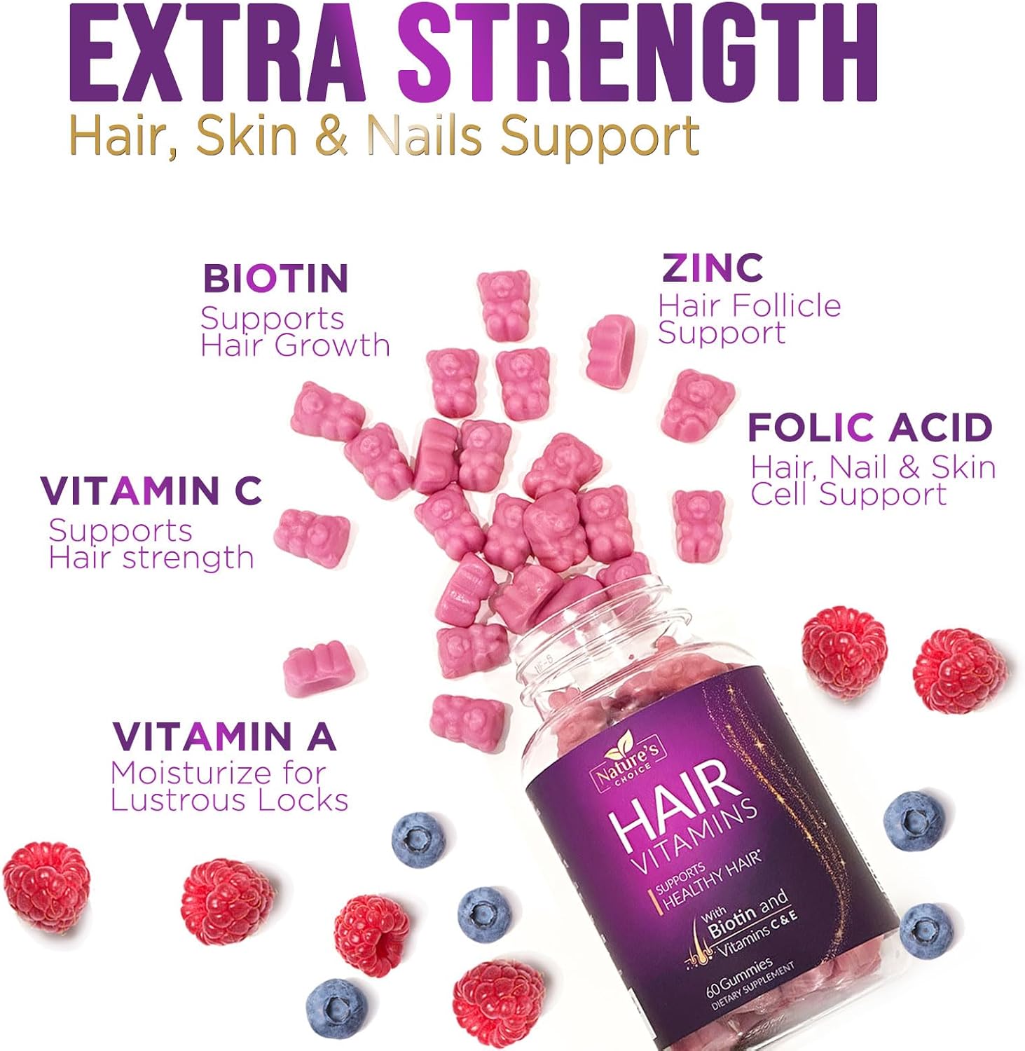 Premium Nature's Choice Biotin Gummies 5000 mcg for Hair Growth & Skin - 60 Vegetarian Gummy Bears with Vitamin E & C, Non-GMO Hair Vitamins Supplement