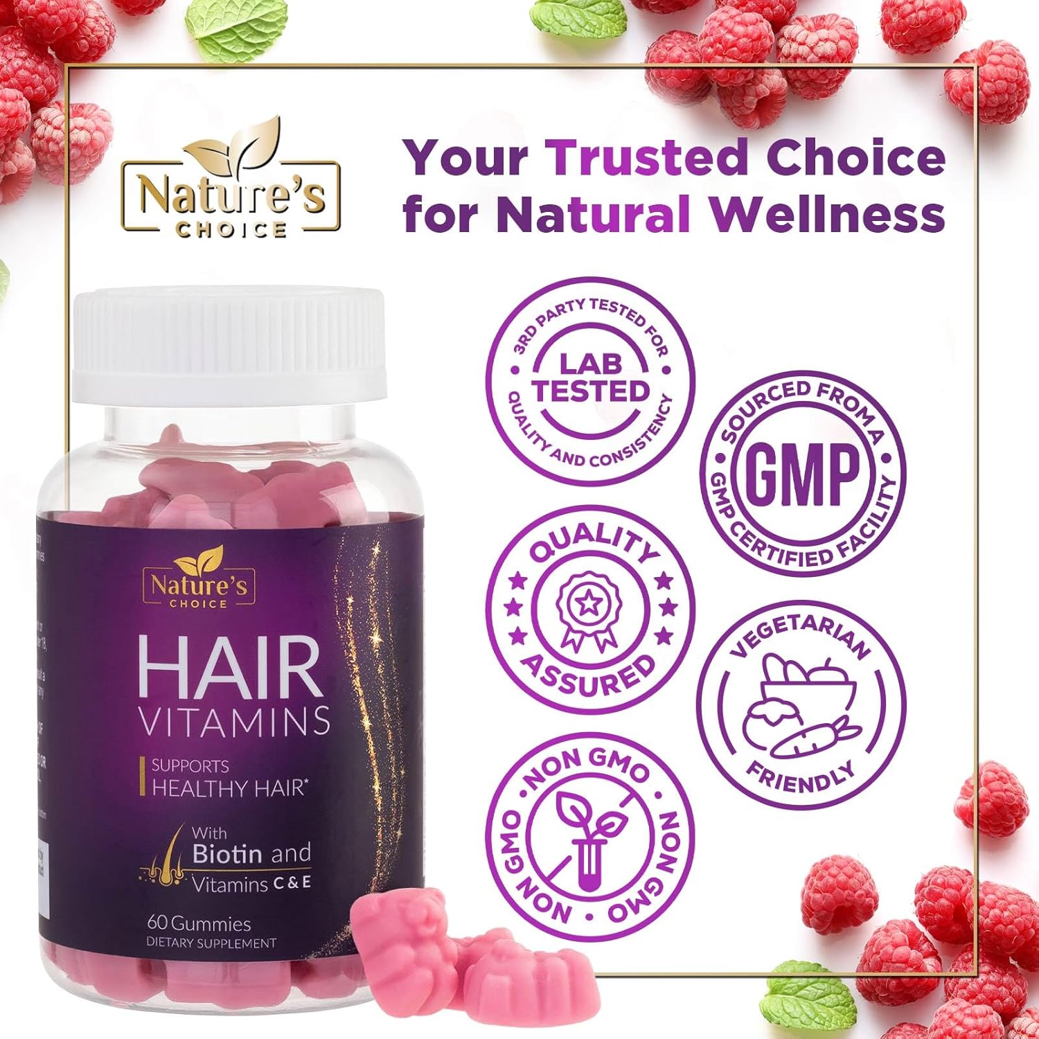 Premium Nature's Choice Biotin Gummies 5000 mcg for Hair Growth & Skin - 60 Vegetarian Gummy Bears with Vitamin E & C, Non-GMO Hair Vitamins Supplement