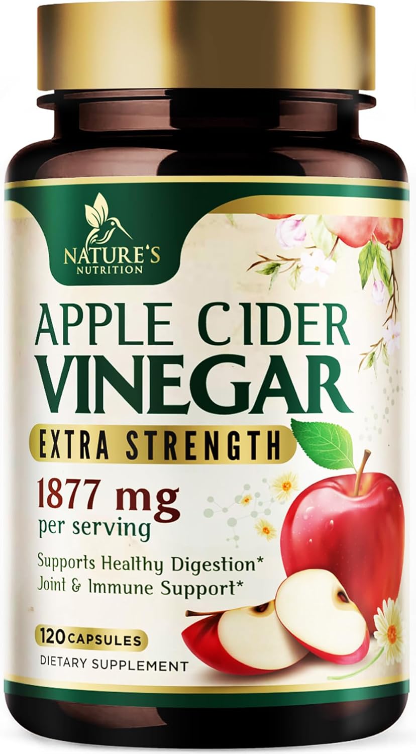 Premium Nature's Nutrition Apple Cider Vinegar Pills with Vitamin D3 & Zinc - Detox & Cleanse Support - 1877mg - Joint, Immune & Digestion Health - Gluten Free - 120 Capsules