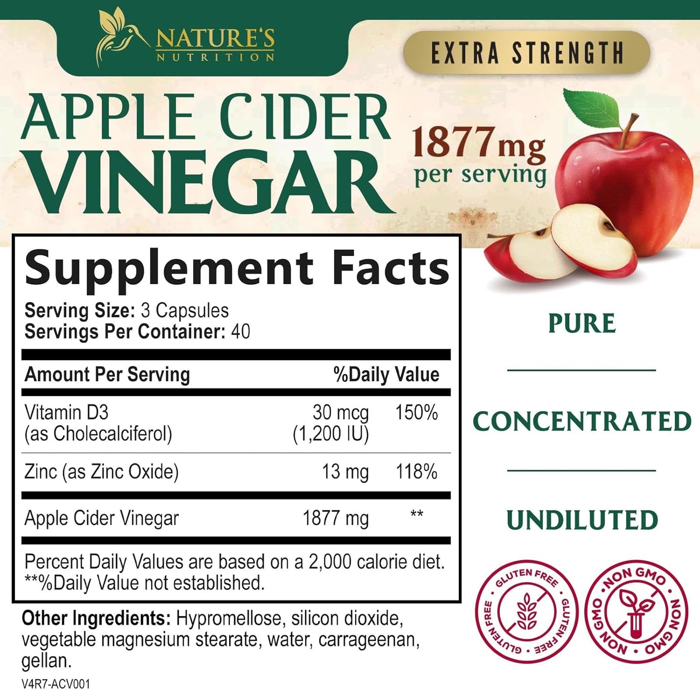 Premium Nature's Nutrition Apple Cider Vinegar Pills with Vitamin D3 & Zinc - Detox & Cleanse Support - 1877mg - Joint, Immune & Digestion Health - Gluten Free - 120 Capsules