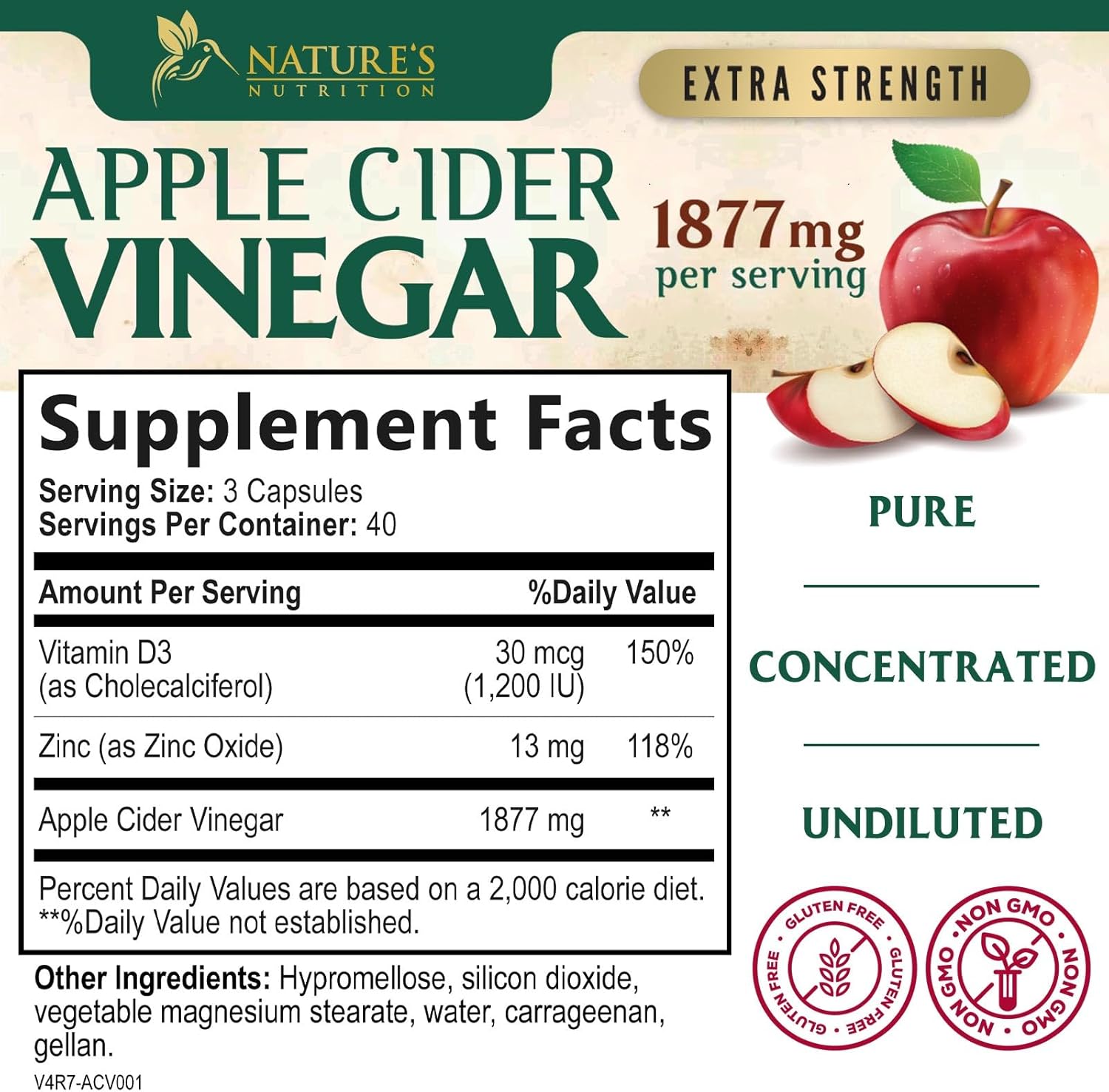 Premium Nature's Nutrition Apple Cider Vinegar Pills with Vitamin D3 & Zinc - Detox & Cleanse Support - 1877mg - Joint, Immune & Digestion Health - Gluten Free - 120 Capsules