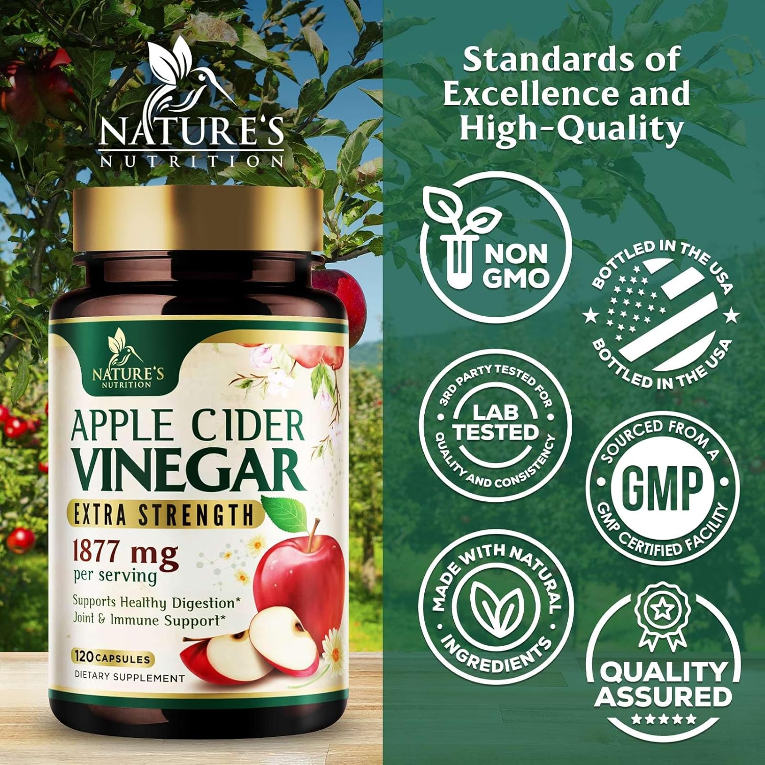 Premium Nature's Nutrition Apple Cider Vinegar Pills with Vitamin D3 & Zinc - Detox & Cleanse Support - 1877mg - Joint, Immune & Digestion Health - Gluten Free - 120 Capsules