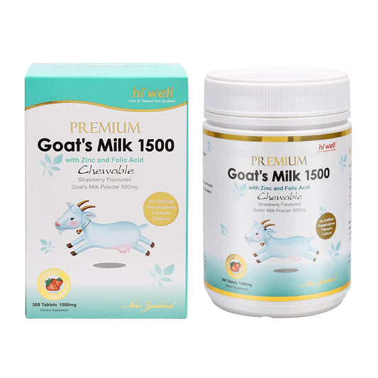 Premium New Zealand Hi Well Pure & Natural Goat's Milk Tablets - 1500mg, 300ct - Strawberry Flavor