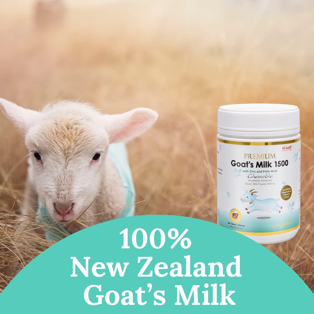Premium New Zealand Hi Well Pure & Natural Goat's Milk Tablets - 1500mg, 300ct - Strawberry Flavor