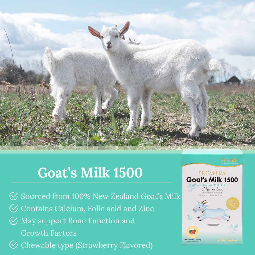 Premium New Zealand Hi Well Pure & Natural Goat's Milk Tablets - 1500mg, 300ct - Strawberry Flavor