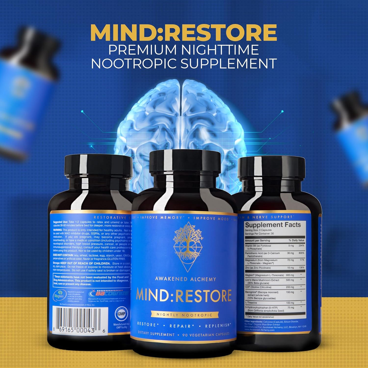 Premium Nighttime Nootropic Supplement for Restorative Sleep with Natural Brain Nutrition - 90 Count