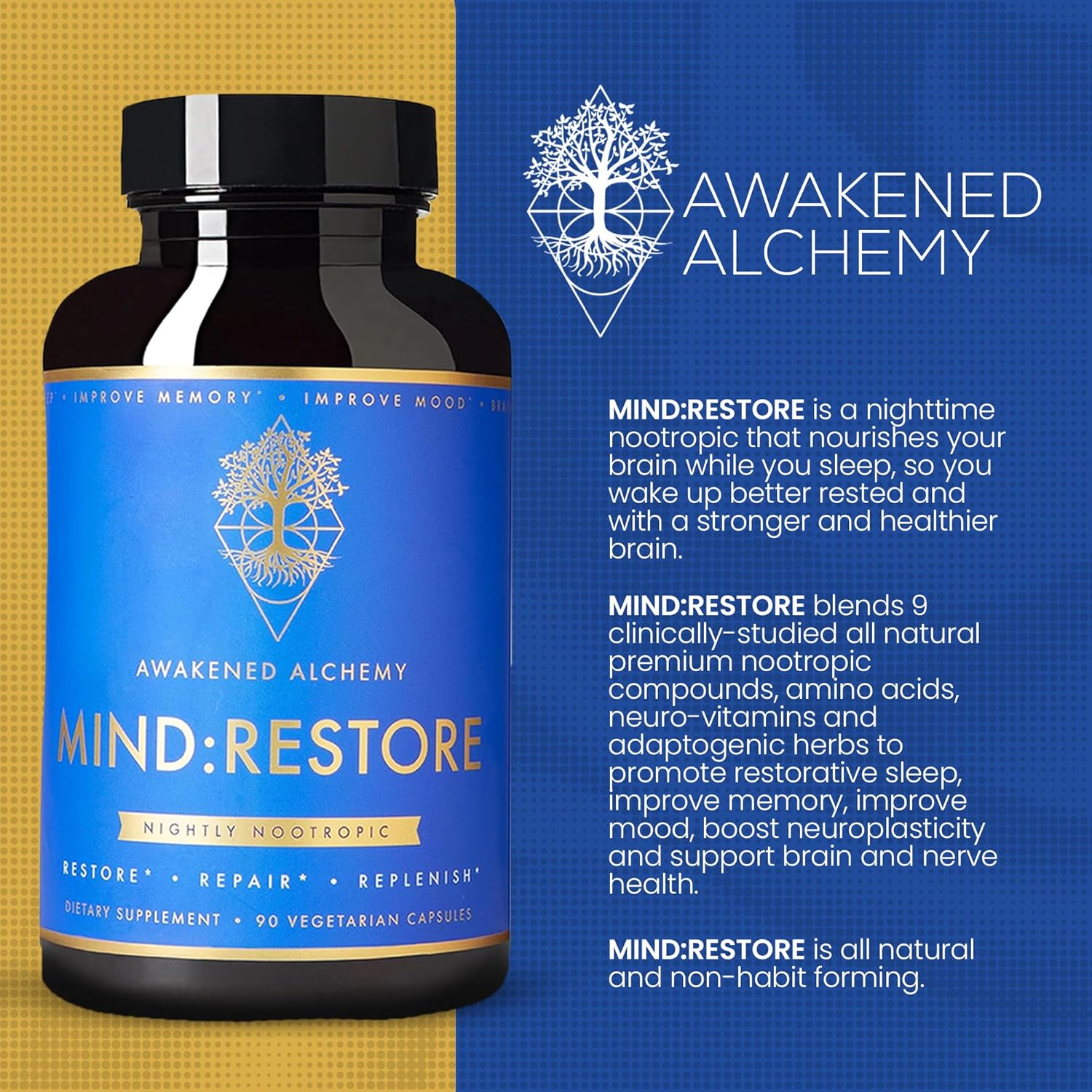 Premium Nighttime Nootropic Supplement for Restorative Sleep with Natural Brain Nutrition - 90 Count