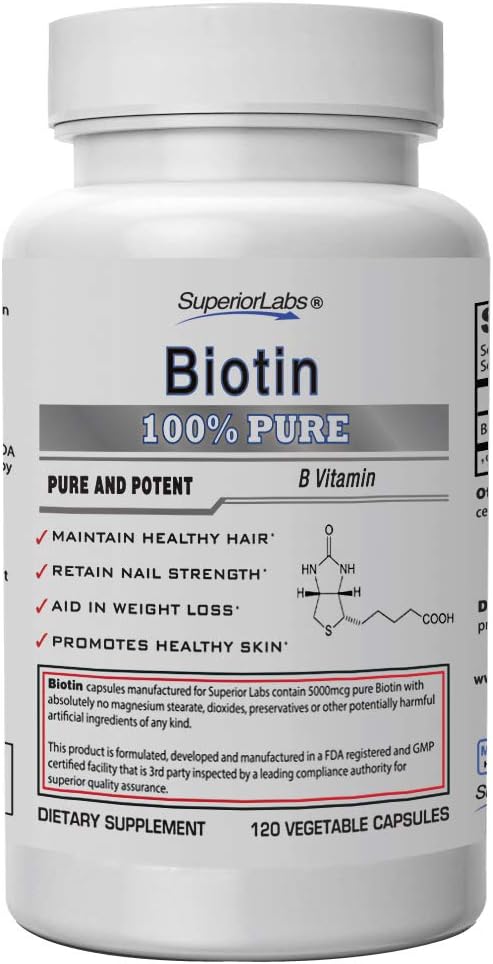 Premium Non-GMO Biotin Supplement for Hair, Skin, Nails - 5000 mcg - 120 Vegetable Capsules - Energy Booster - Healthy Weight - Superior Labs