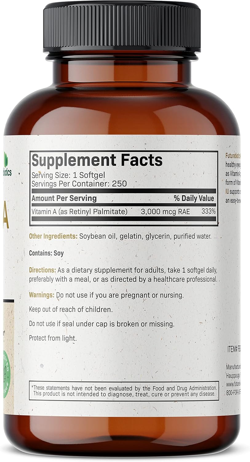 Premium Non-GMO Vitamin A 10,000 IU Softgels for Healthy Vision, Immune System, Growth & Reproduction - 250 Count