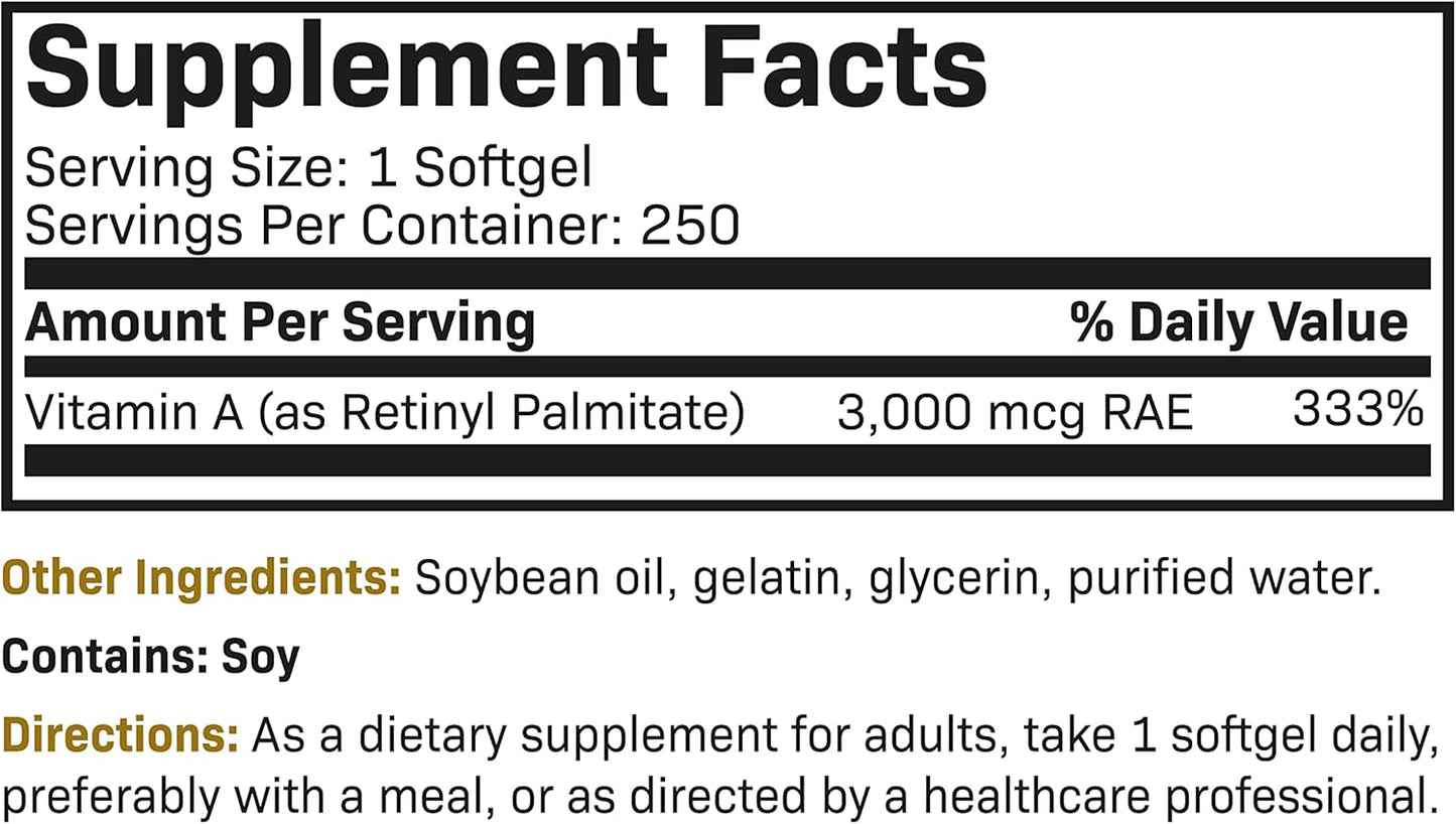 Premium Non-GMO Vitamin A 10,000 IU Softgels for Healthy Vision, Immune System, Growth & Reproduction - 250 Count