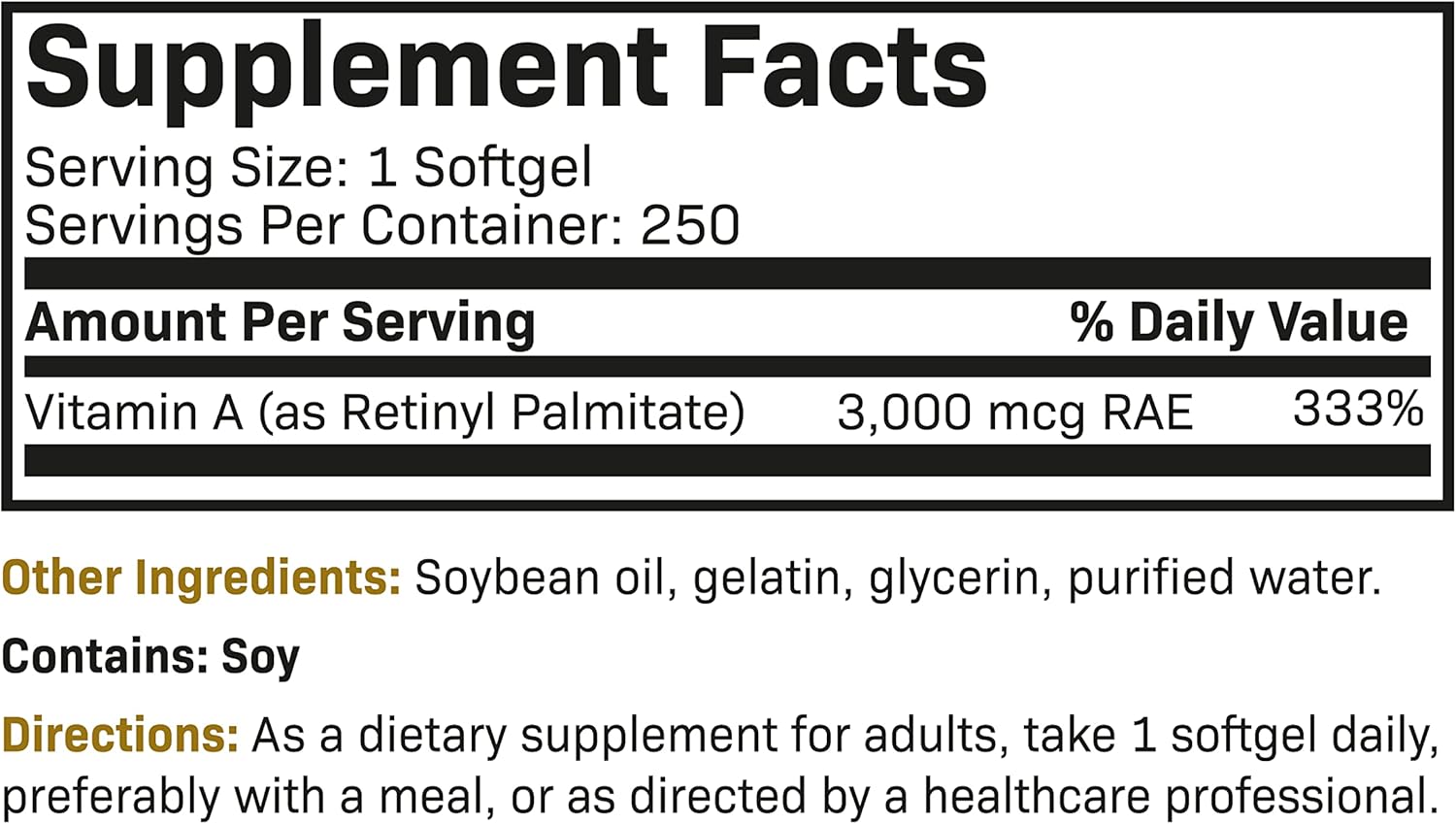 Premium Non-GMO Vitamin A 10,000 IU Softgels for Healthy Vision, Immune System, Growth & Reproduction - 250 Count