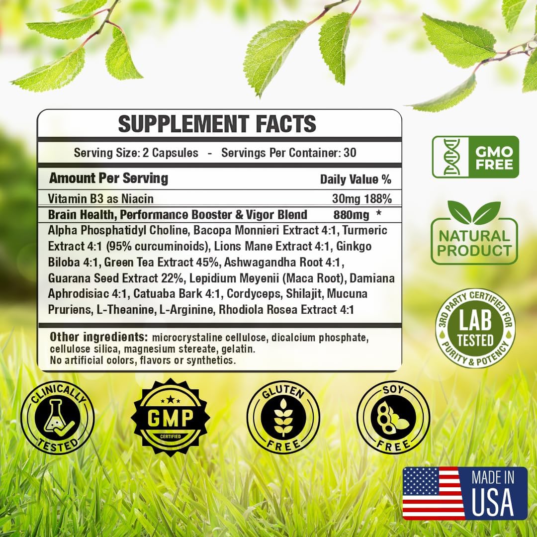 Premium Nootropic Brain Supplement for Memory, Focus, and Cognitive Performance - Boost Energy, Mental Clarity, and Vigor - With Shilajit, Alpha Choline, Lion's Mane, Bacopa, and More