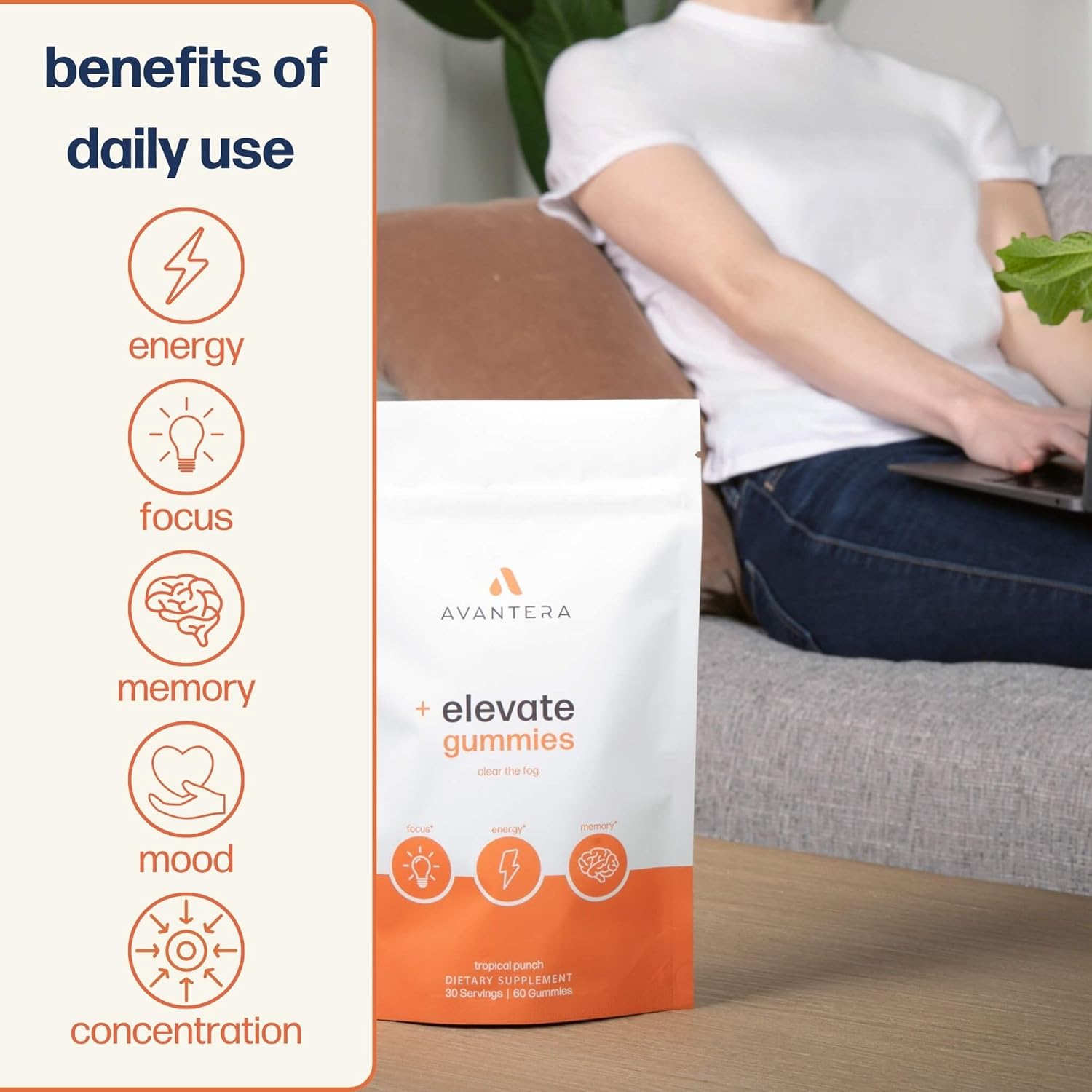 Premium Nootropic Gummies for Memory & Focus Support - Energy Boost Without Crash - 60 Gummies for Women & Men - Avantera Elevate