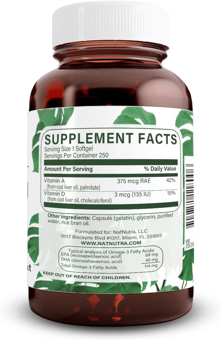 Premium Norwegian Cod Liver Oil Supplement for Skin, Body Density, Eye and Dental Health, Cardiovascular Support - 250 Softgels by Natural Nutra