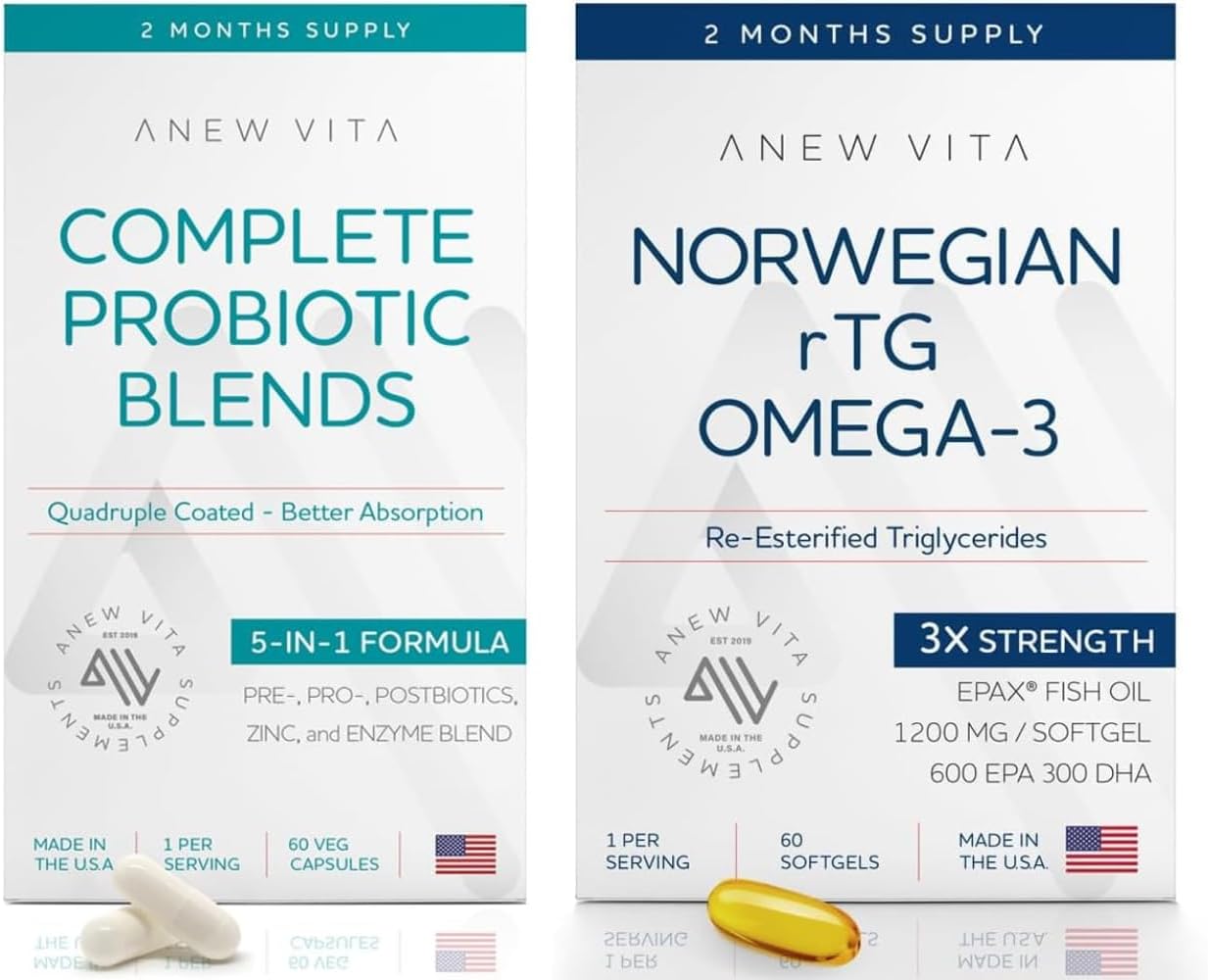 Premium Norwegian Omega 3 Fish Oil & Probiotic Blend - Brain, Heart, Gut Health | 1200mg EPA/DHA & 10-Strain Probiotic | Joint, Skin, Digestive Support | 60 Servings