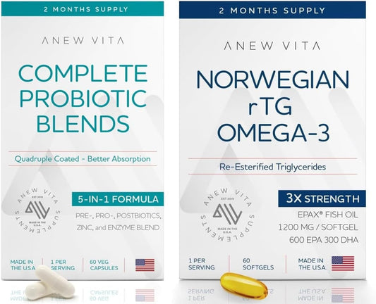 Premium Norwegian Omega 3 Fish Oil & Probiotic Blend - Brain, Heart, Gut Health | 1200mg EPA/DHA & 10-Strain Probiotic | Joint, Skin, Digestive Support | 60 Servings
