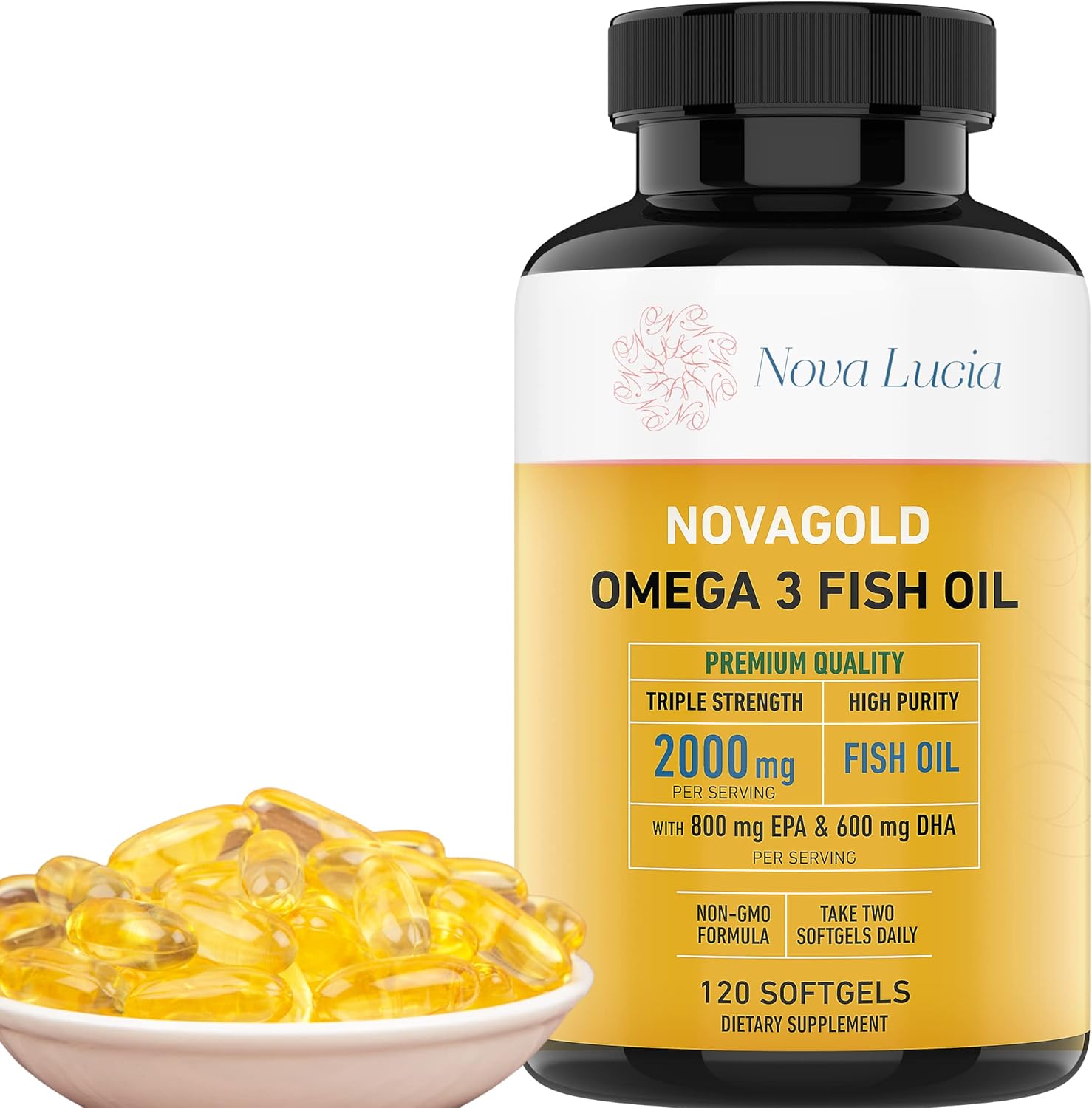 Premium Nova Lucia Omega 3 Fish Oil Supplement 2000mg - Heart, Brain, Hair, Immune Support - High Potency EPA & DHA Vitamin E - Non-GMO, 120 Softgels