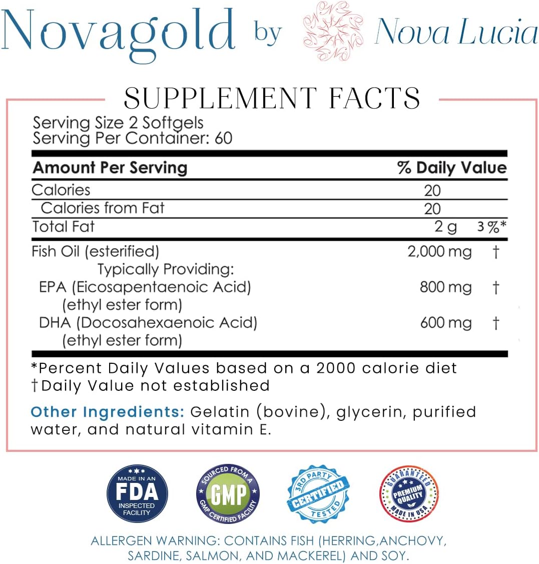 Premium Nova Lucia Omega 3 Fish Oil Supplement 2000mg - Heart, Brain, Hair, Immune Support - High Potency EPA & DHA Vitamin E - Non-GMO, 120 Softgels