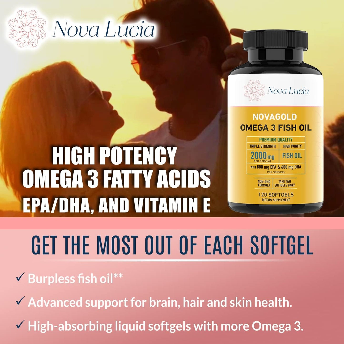 Premium Nova Lucia Omega 3 Fish Oil Supplement 2000mg - Heart, Brain, Hair, Immune Support - High Potency EPA & DHA Vitamin E - Non-GMO, 120 Softgels