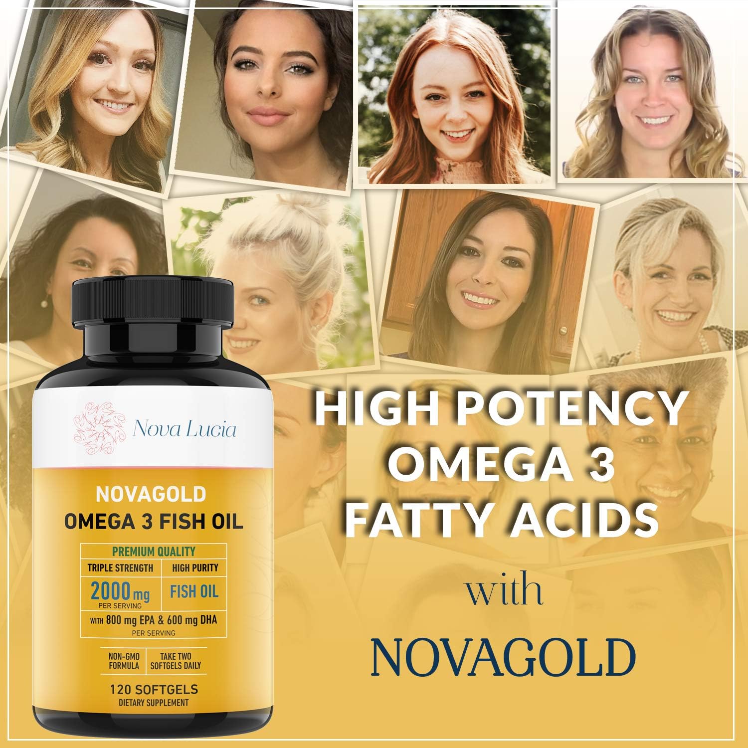 Premium Nova Lucia Omega 3 Fish Oil Supplement 2000mg - Heart, Brain, Hair, Immune Support - High Potency EPA & DHA Vitamin E - Non-GMO, 120 Softgels