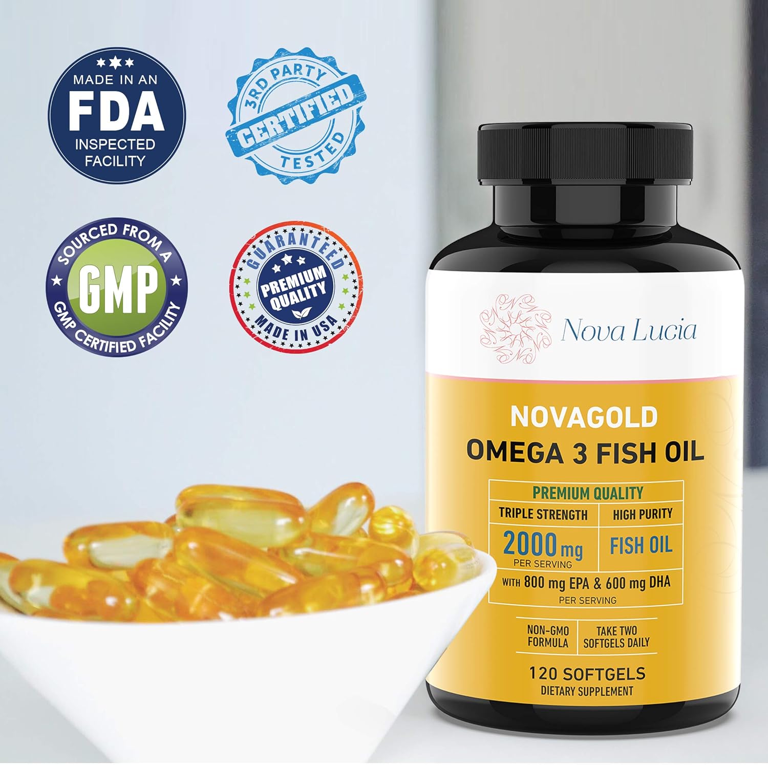Premium Nova Lucia Omega 3 Fish Oil Supplement 2000mg - Heart, Brain, Hair, Immune Support - High Potency EPA & DHA Vitamin E - Non-GMO, 120 Softgels