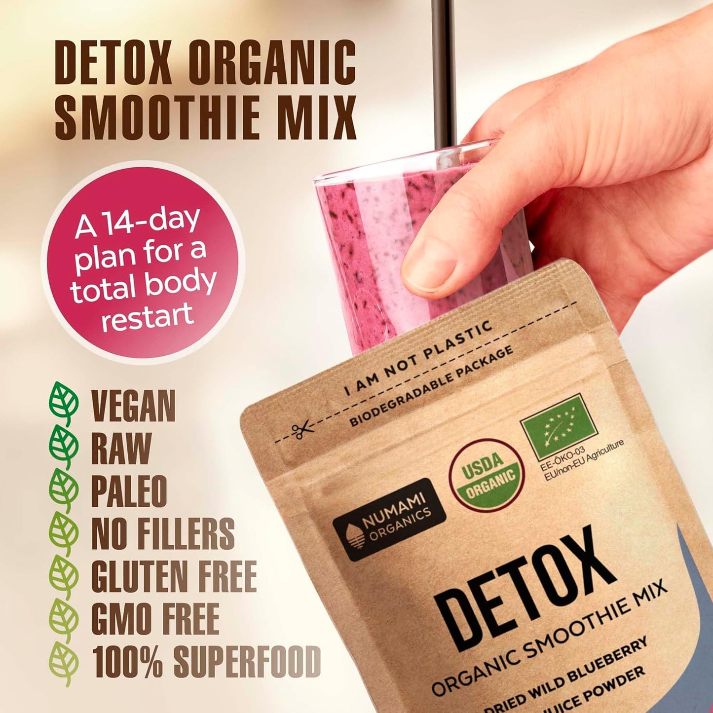 Premium Numami Organic Blueberry Detox Smoothie Powder with Spirulina, Dulse, and Barley Grass Juice - Superfood from Europe