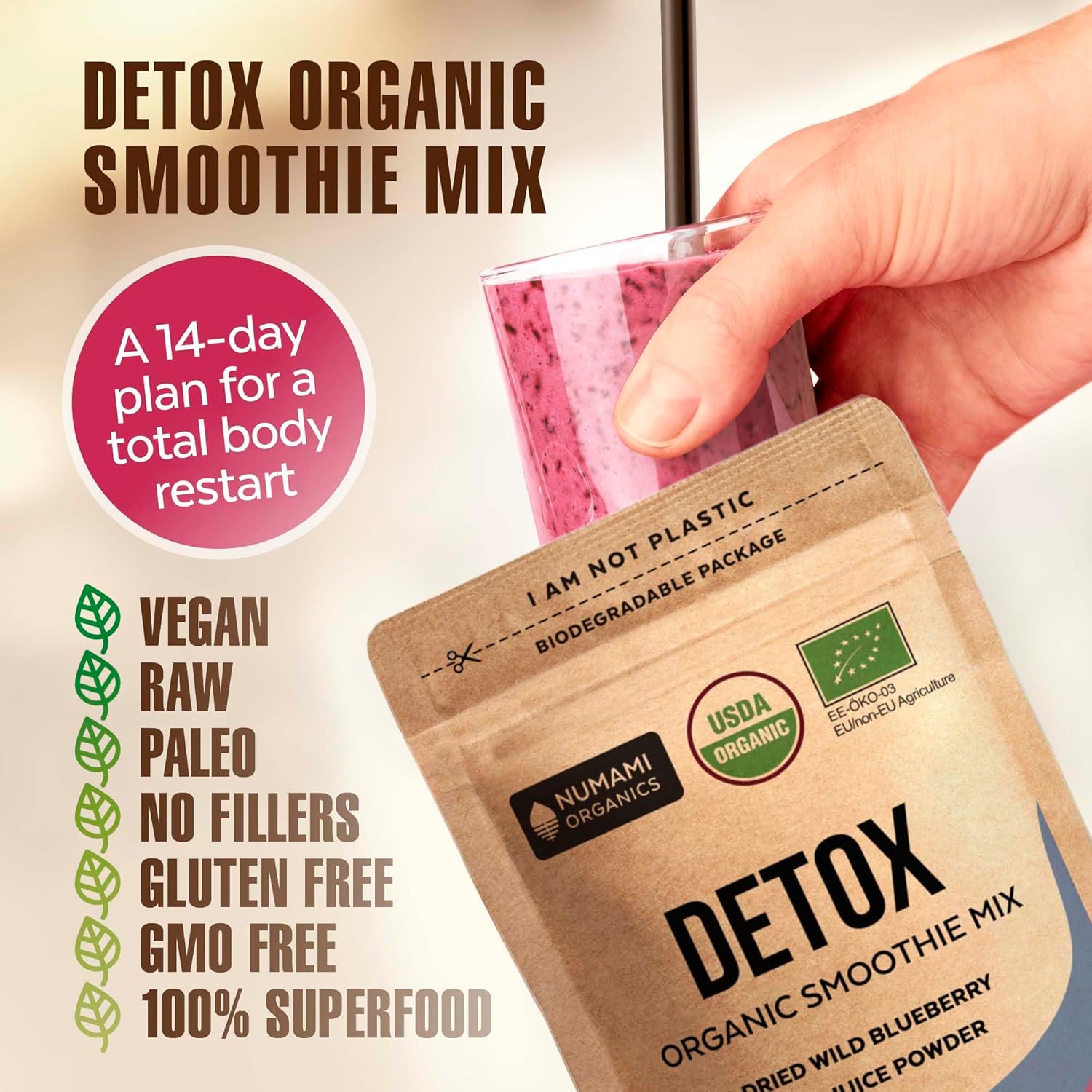 Premium Numami Organic Blueberry Detox Smoothie Powder with Spirulina, Dulse, and Barley Grass Juice - Superfood from Europe