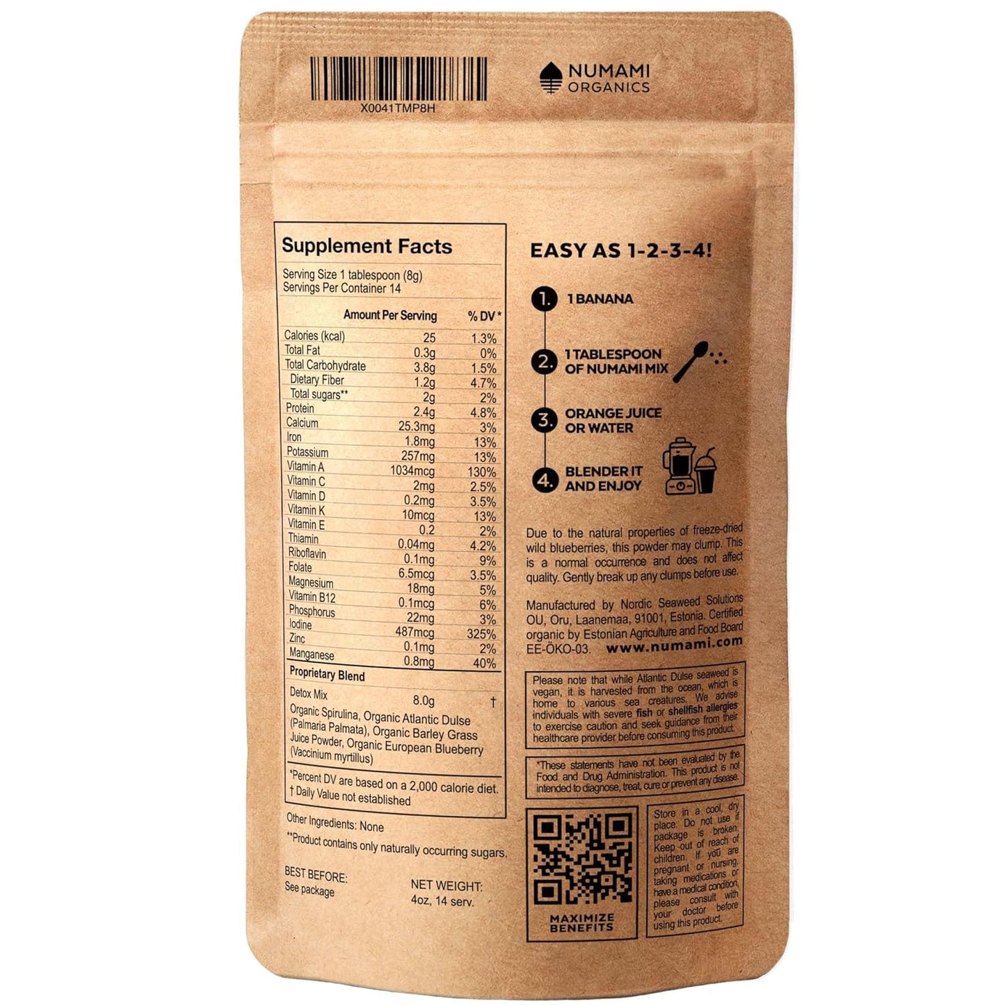 Premium Numami Organic Blueberry Detox Smoothie Powder with Spirulina, Dulse, and Barley Grass Juice - Superfood from Europe