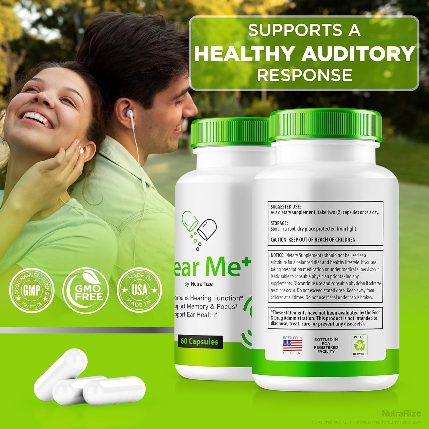Premium NutraRize Hear Me+ Capsules - Official Ear Formula for Healthy Hearing - Natural Cleaner Support - 300 Pills (5 Pack)