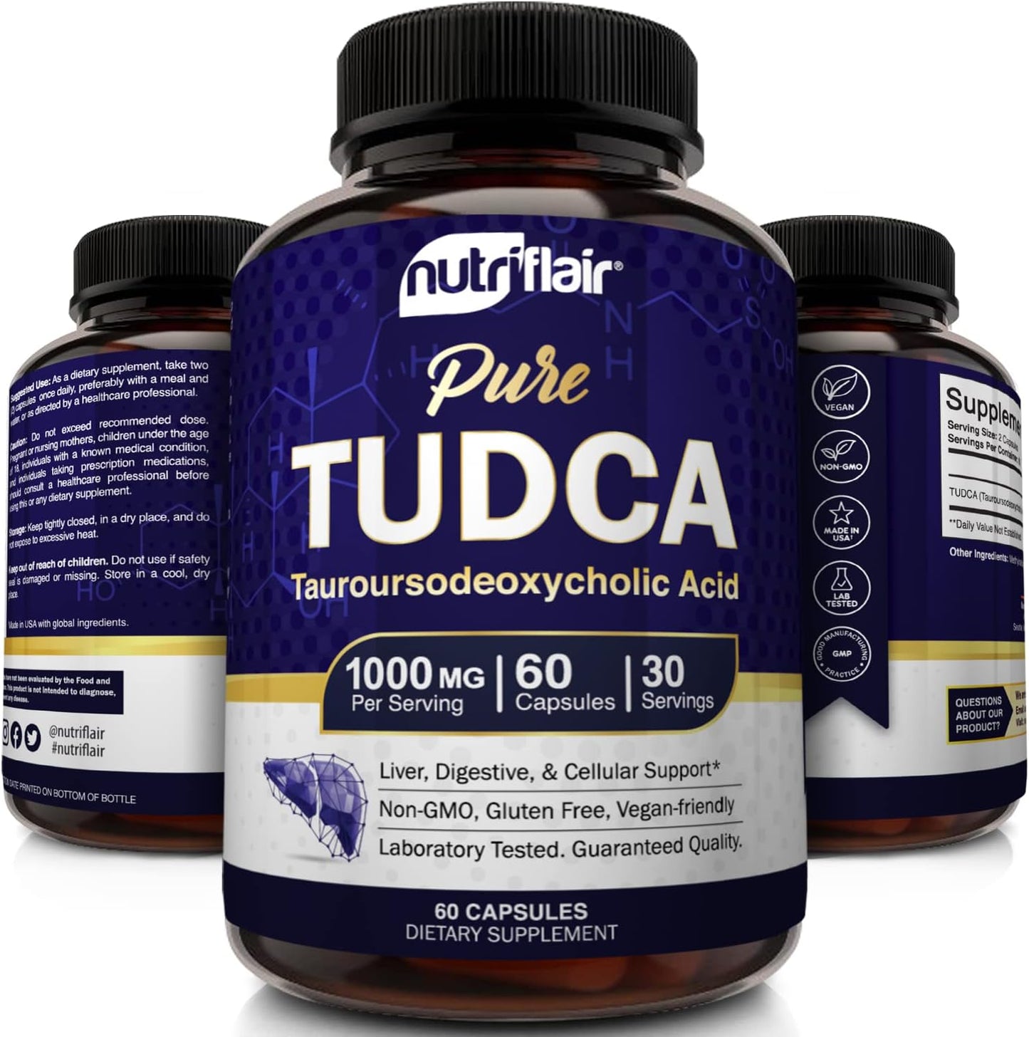 Premium NutriFlair TUDCA 1000mg Capsules for Liver, Kidney, Gallbladder Support - Non-GMO, Gluten-Free Detox & Cleanse Supplement - Made in USA