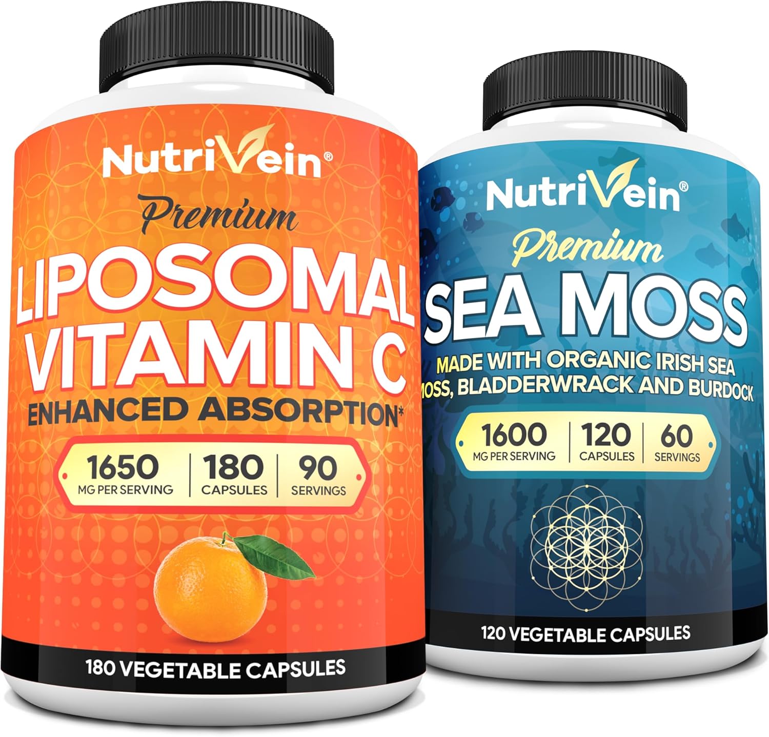 Premium Nutrivein Sea Moss & Vitamin C Bundle: Liposomal Vitamin C Capsules & Irish Sea Moss for Digestive Health, Antioxidant Defense, and Immune Boosting