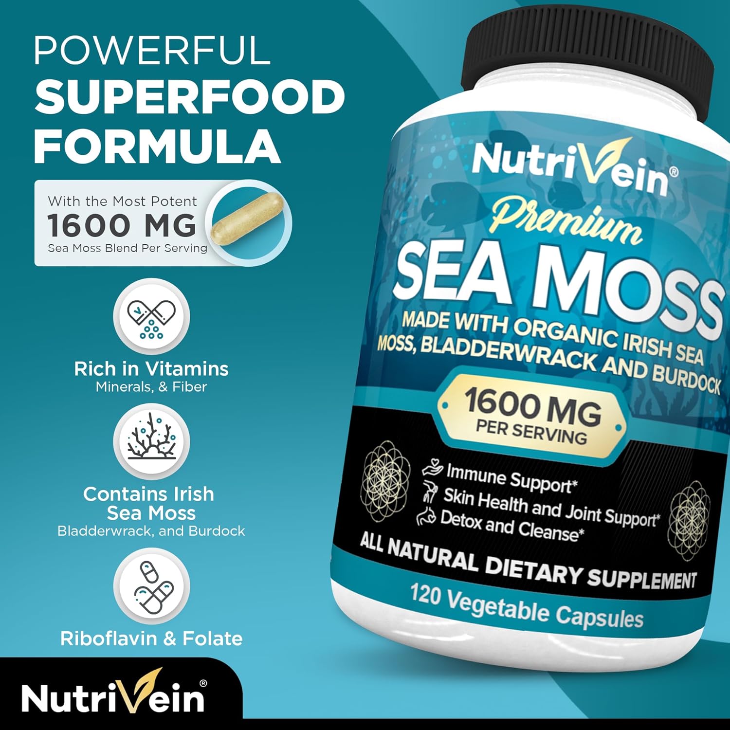 Premium Nutrivein Sea Moss & Vitamin C Bundle: Liposomal Vitamin C Capsules & Irish Sea Moss for Digestive Health, Antioxidant Defense, and Immune Boosting