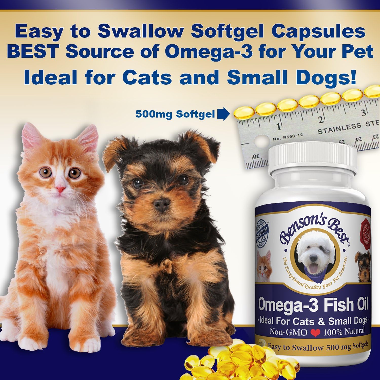 Premium Omega 3 Fish Oil Softgels for Cats & Small Dogs - 200 Count 500mg - Higher Omega 3 Content Than Salmon Oil - Pure & Non-GMO Pet Supplements