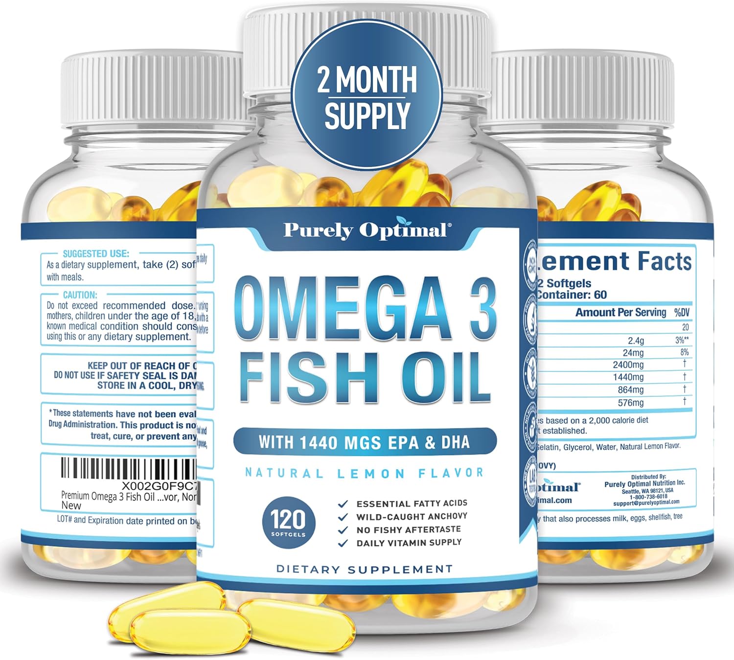 Premium Omega-3 Fish Oil Supplement with 1440mg DHA & EPA, 2400mg Omega-3 Per Serving - 120 Softgels, Supports Vision, Joints, Memory, Burpless Formula