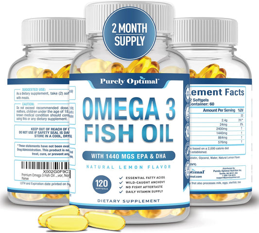 Premium Omega-3 Fish Oil Supplement with 1440mg DHA & EPA, 2400mg Omega-3 Per Serving - 120 Softgels, Supports Vision, Joints, Memory, Burpless Formula