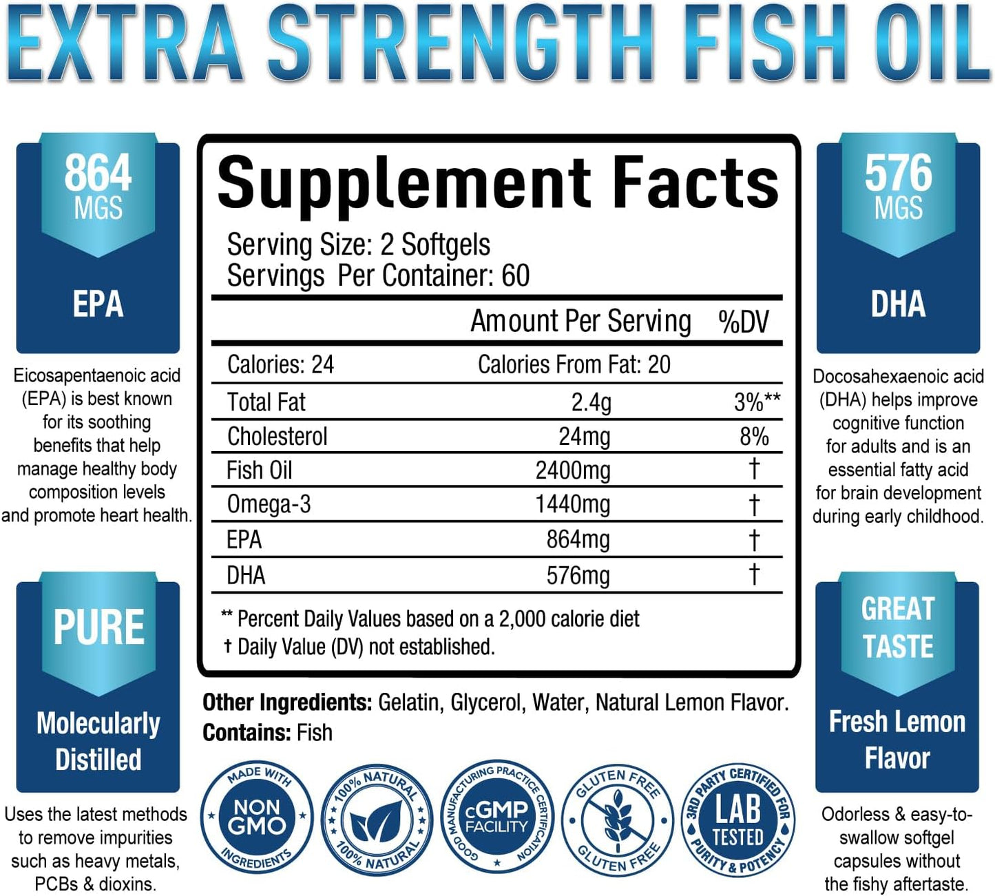 Premium Omega-3 Fish Oil Supplement with 1440mg DHA & EPA, 2400mg Omega-3 Per Serving - 120 Softgels, Supports Vision, Joints, Memory, Burpless Formula