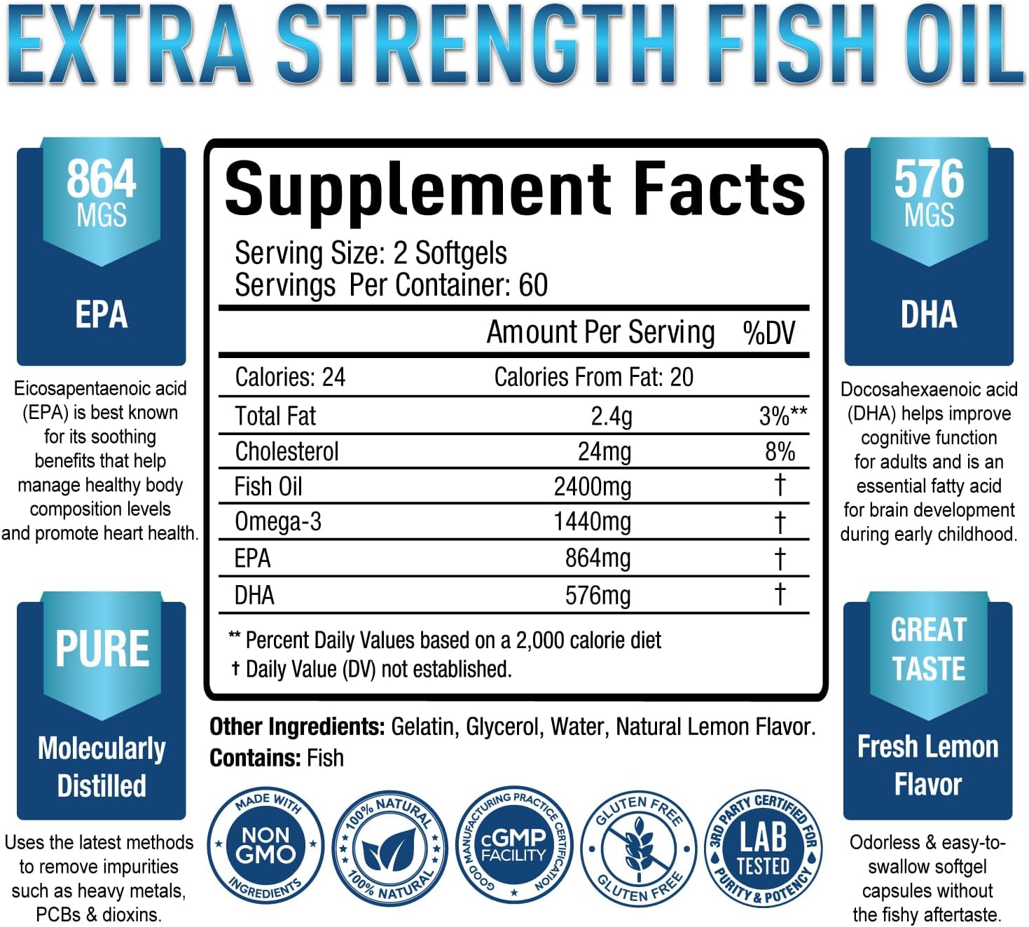 Premium Omega-3 Fish Oil Supplement with 1440mg DHA & EPA, 2400mg Omega-3 Per Serving - 120 Softgels, Supports Vision, Joints, Memory, Burpless Formula